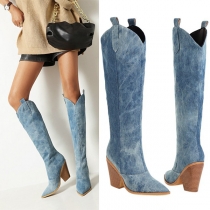 Fashion Pointed-toe Block Heeled Denim Boots