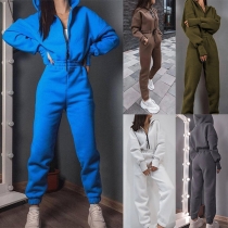 Casual Solid Color Half-zipper Hooded Long Sleeve Elastic Waist Jumpsuit