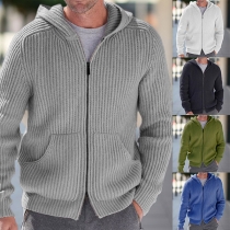 Fashion Solid Color Long Sleeve Hooded Zipper Knitted Cardigan for Men