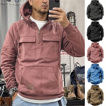 Street Fashion Patch Pockets Half-zipper Hooded Sweatshirt for Men