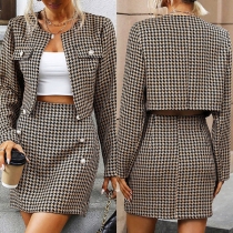Elegant Houndstooth Printed Suit Set Consist of Crop Blazer and Double Breasted Skirt