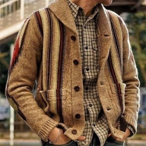 Vintage Vertical Striped Stand Collar Long Sleeve Buttoned Knitted Cardigan for Men