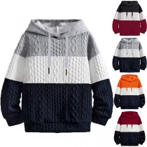 Fashion Contrast Color Cable Pattern Drawstring Hooded Knitted Sweater for Men