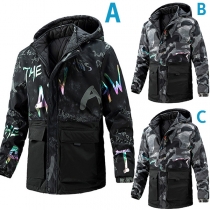 Street Fashion Camouflage Printed Hooded Long Sleeve Patch Pockets Front Zipper Warm Coat for Men