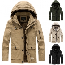 Fashion Warm Long Sleeve Drawstring Hooded Stand Collar Plush Lined Jacket for Men