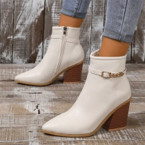 Street Fashion Chain Buckle Block Heeled Pointed-toe Ankle Boots