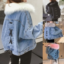 Street Fashion Artificial Fur Spliced Collar Batwing Sleeve Back Lace-up Plush Lined Old-washed Denim Jacket