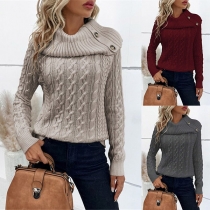 Street Fashion Cable Pattern Buttoned Mock Neck Long Sleeve Knitted Sweater