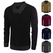 Casual Contrast Color Stripe Printed V-neck Long Sleeve Sweater for Men