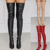 Street Fashion Solid Color Artificial Leather PU Self-tie Pointed-toe High-heeled Over-the-knee Boots