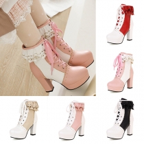 Vintage Sweet Style Lace Spliced Lace-up Platform Block Heeled Ankle Boots