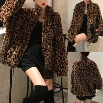Street Fashion Leopard Printed Stand Collar Long Sleeve Plush Coat for Women