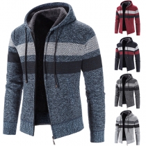 Fashion Plush Lined Contrast Color Drawstring Hooded Jacket for Men