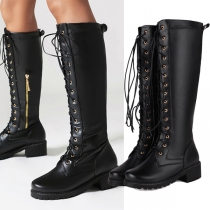 Street Fashion Lace-up Round Toe Side Zipper Artificial Leather PU Boots