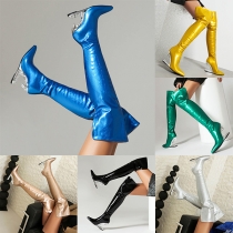 Street Fashion Bright Color Pointed-toe Tiger Mouth Heeled Back Zipper Artificial Leather PU Over-the-knee Boots