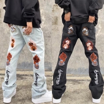 Street Fashion Skull Embroidery Old-wash Straight Cut Denim Jeans for Men