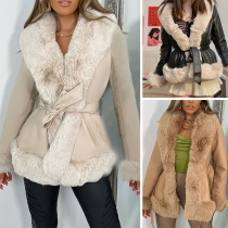 Fashion Artificial Fur Spliced Artificial Leather PU Long Sleeve Self-tie Warm Coat for Women