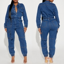 Fashion Stand Collar Long Sleeve Buttoned Self-tie Denim Jumpsuit