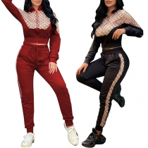 Street Fashion Contrast Color Printed Two-piece Set Consist of Crop Jacket and Drawstring Sweatpants