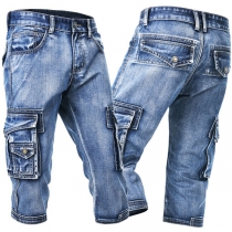Street Fashion Side Patch Pockets Old-washed Denim Shorts for Men