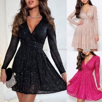 Fashion Bling-bling Sequined V-neck Long Sleeve Mini Dress