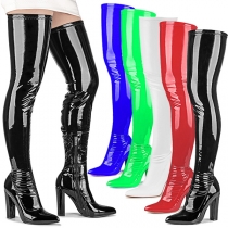 Fashion Bright Color Block Heeled Pointed-toe Over-the-knee Boots