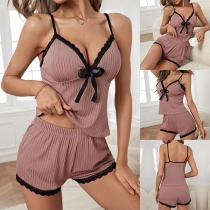 Sexy Lace Spliced Two-piece Loungewear Pajamas Set Consist of V-neck Cami Shirt and Shorts