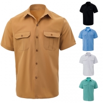 Fashion Stand Collar Front Button Short Sleeve Chest Patch Pockets Blouse for Men