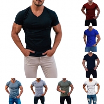 Fashion Solid Color V-neck Short Sleeve Shirt for Men