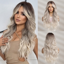 Fashion Big Wavy Wig -  Long Curly Synthetic Full Head Wig with Side-Swept Bangs, Black to Gray Ombre