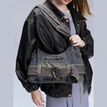 Street Fashion Buckle Zipper Old-washed Denim Shoulder Bag