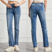 Street Fashion High-rise Vertical Frayed Spliced Straight-cut Denim Jeans