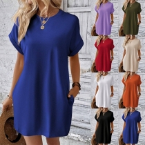 Fashion Solid Color Round Neck Short Sleeve Side Pockets Mini Dress