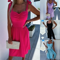 Fashion Solid Color Sweetheart Neckline Self-tie Shoulder Strap Slit Mini Dress