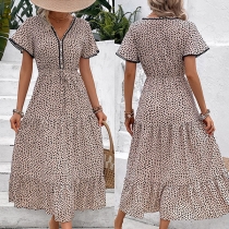 Fashion Leopard Printed V-neck Buttoned Short Sleeve Tiered Dress