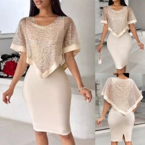 Fashion Lace Spliced Round Neck Short Sleeve Bodycon Dress