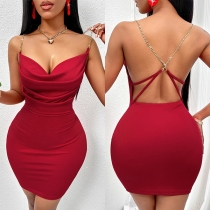 Sexy Draped Ruched Bodycon Backless Chain Bodycon Dress