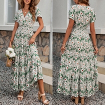 Fresh Style Floral Printed V-neck Short Sleeve High-rise Maxi Dress