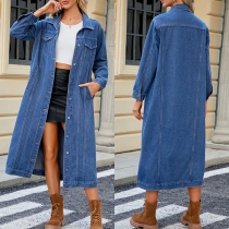 Fashion Stand Collar Long Sleeve Button Old-washed Denim Longline Jacket