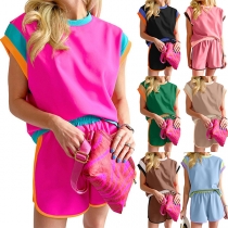 Fashion Contrast Color Two-piece Set Consist of Sleeveless Shirt and Elastic Waist Shorts