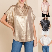 Fashion Bling-bling Stand Collar Short Sleeve Loose Shirt