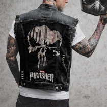 Vintage Printed Frayed Sleeveless Old-washed Denim Vest for Men