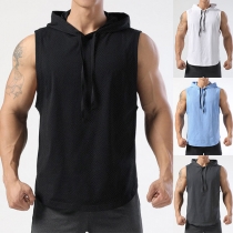 Fashion Solid Color Drawstring Hooded Sleeveless Shirt