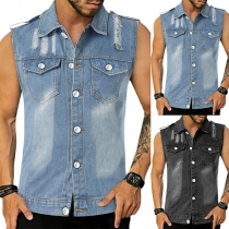 Street Fashion Stand Collar Sleeveless Distressed Old-washed Denim Vest for Men