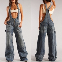 Retro-Chic Straight-cut Denim Jumpsuit with Adjustable Straps and Patch Pockets