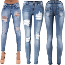 Street Fashion Heavy Distressed Mid-rise Old-washed Denim Jeans