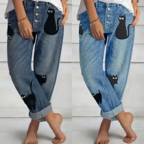 Fashion Cat Printed Buttoned Old-washed Denim Jeans