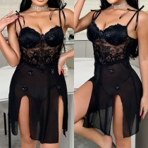 Sexy Embroidered 3D Floral Decoration Sweetheart Neckline Lace Spliced Gauze Nightwear Dress
