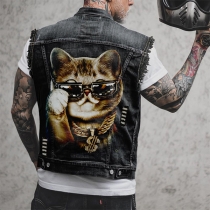 Fashion Cute Cat Printed Distressed Old-washed Sleeve Denim Vest for Men