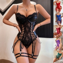 Sexy Sweetheart Neckline Lace-up Lace Spliced Artificial Leather PU Lingerie Bodysuit